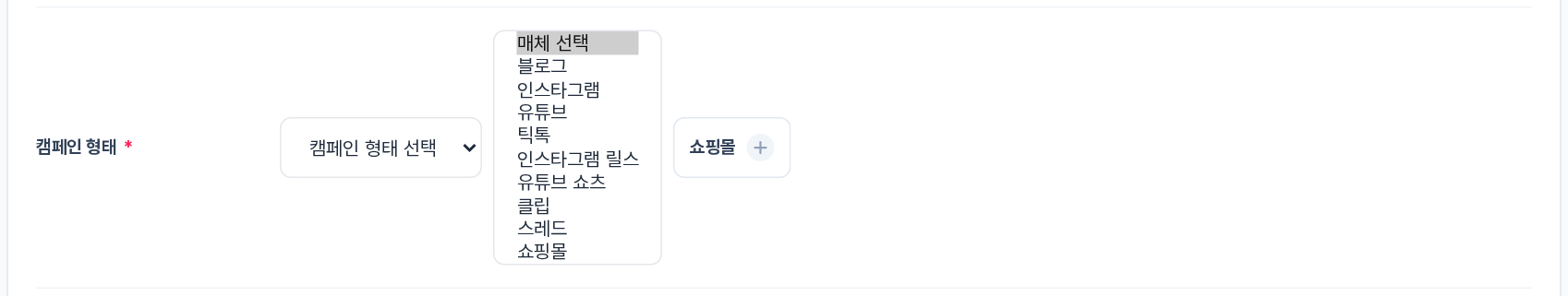 매체 선택 드롭다운 — 블로그, 인스타그램, 유튜브, 틱톡, 인스타그램 릴스, 유튜브 쇼츠, 클립, 스레드, 쇼핑몰 9가지 옵션