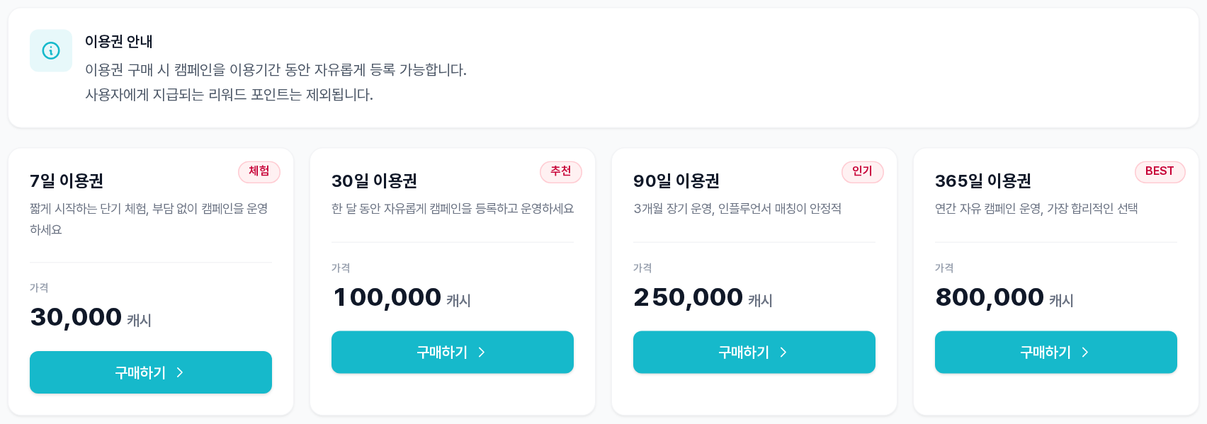 이용권 구매 탭 — 이용권 안내와 7·30·90·365일 카드, 각 카드의 가격·구매하기 버튼