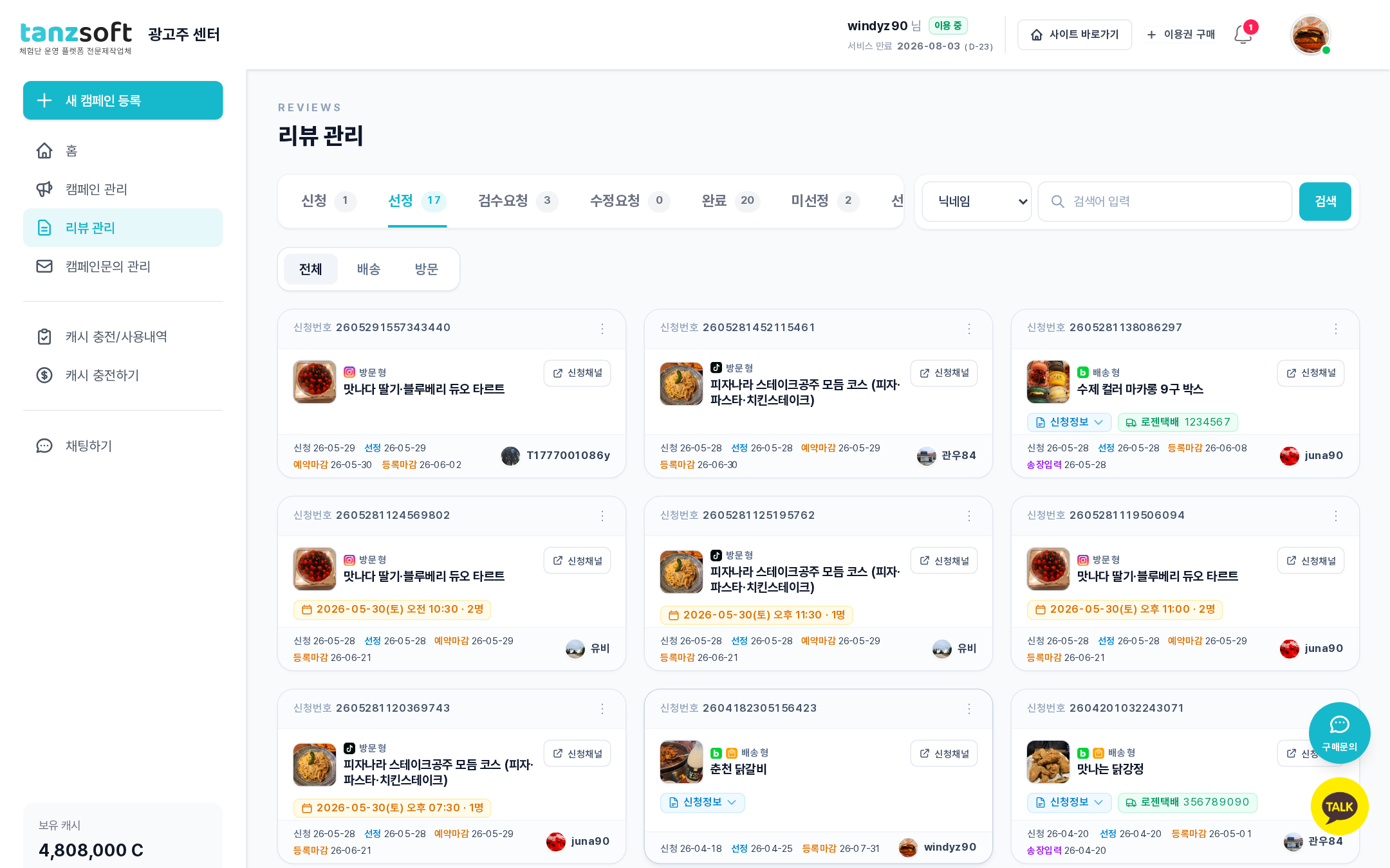 선정 탭 — 선정된 리뷰어 카드 그리드, 방문형 카드에 예약 칩 · 배송형 카드에 송장 칩 노출