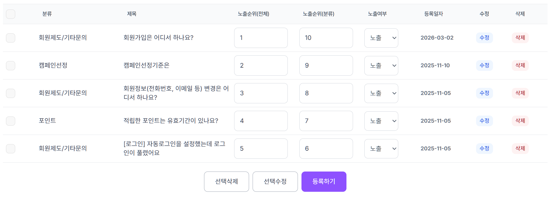 환경설정 > 사이트 설정 > 자주묻는 질문
