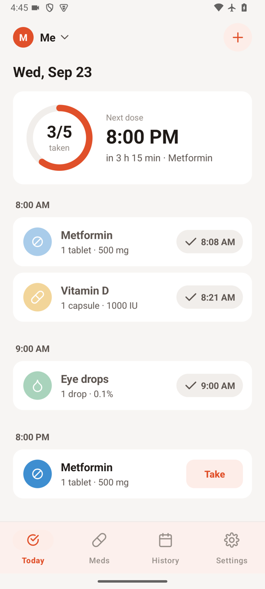 PillNook Today screen showing 3 of 5 doses taken and the next dose at 8:00 PM