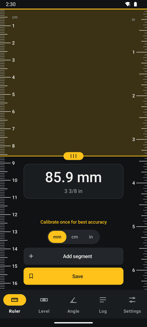 Plumbrule ruler screen measuring 85.9 mm with millimetre and inch scales