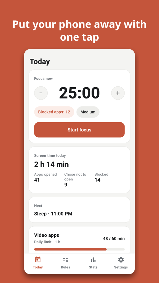 Today screen with a one-tap focus session
