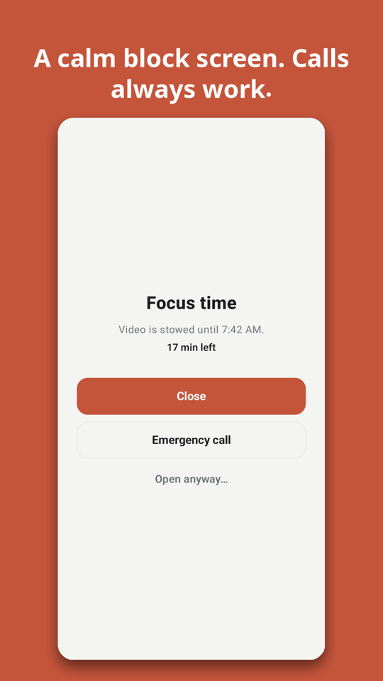 A calm block screen with an emergency call button