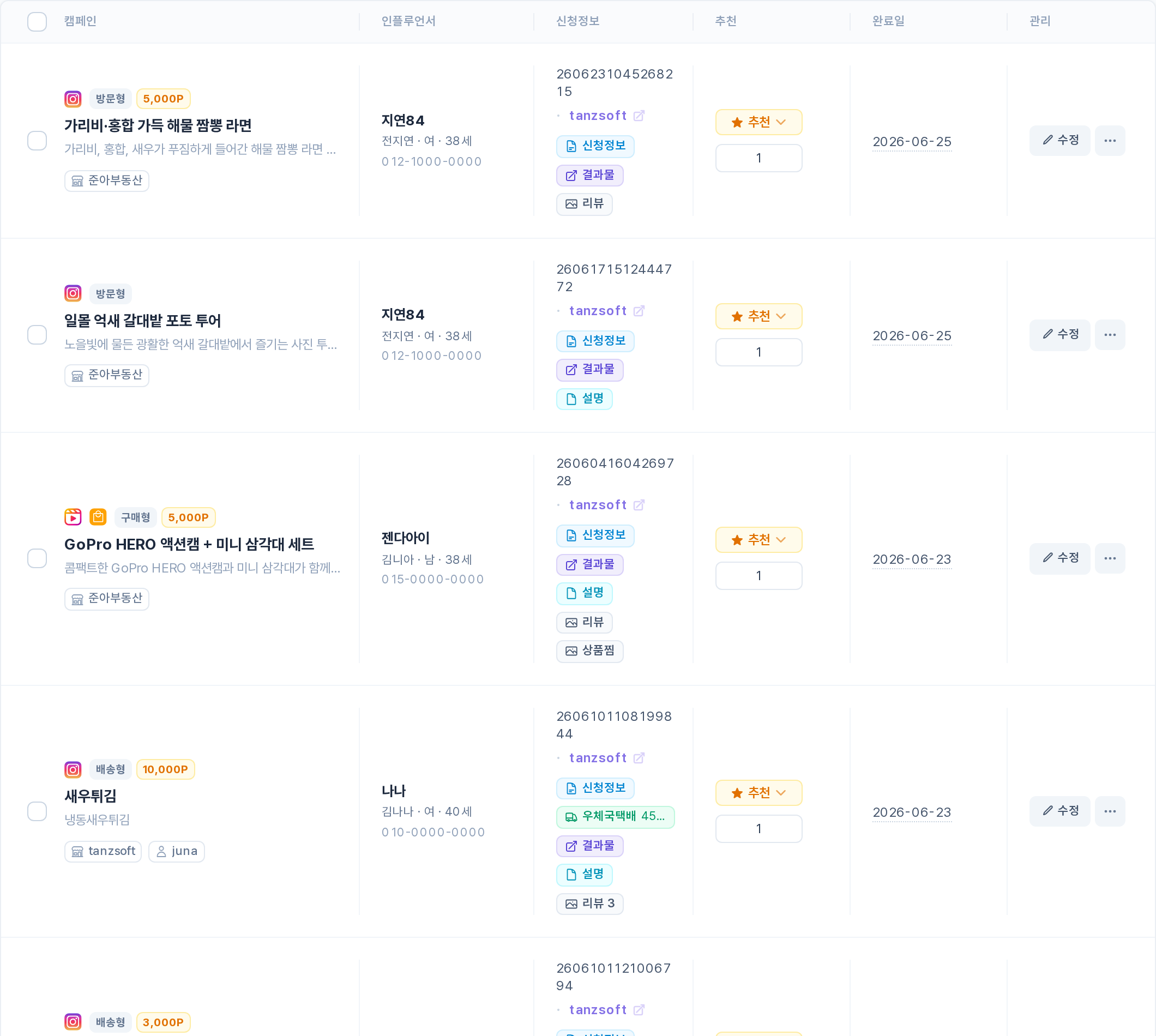 추천 리뷰 관리 목록 표 영역
