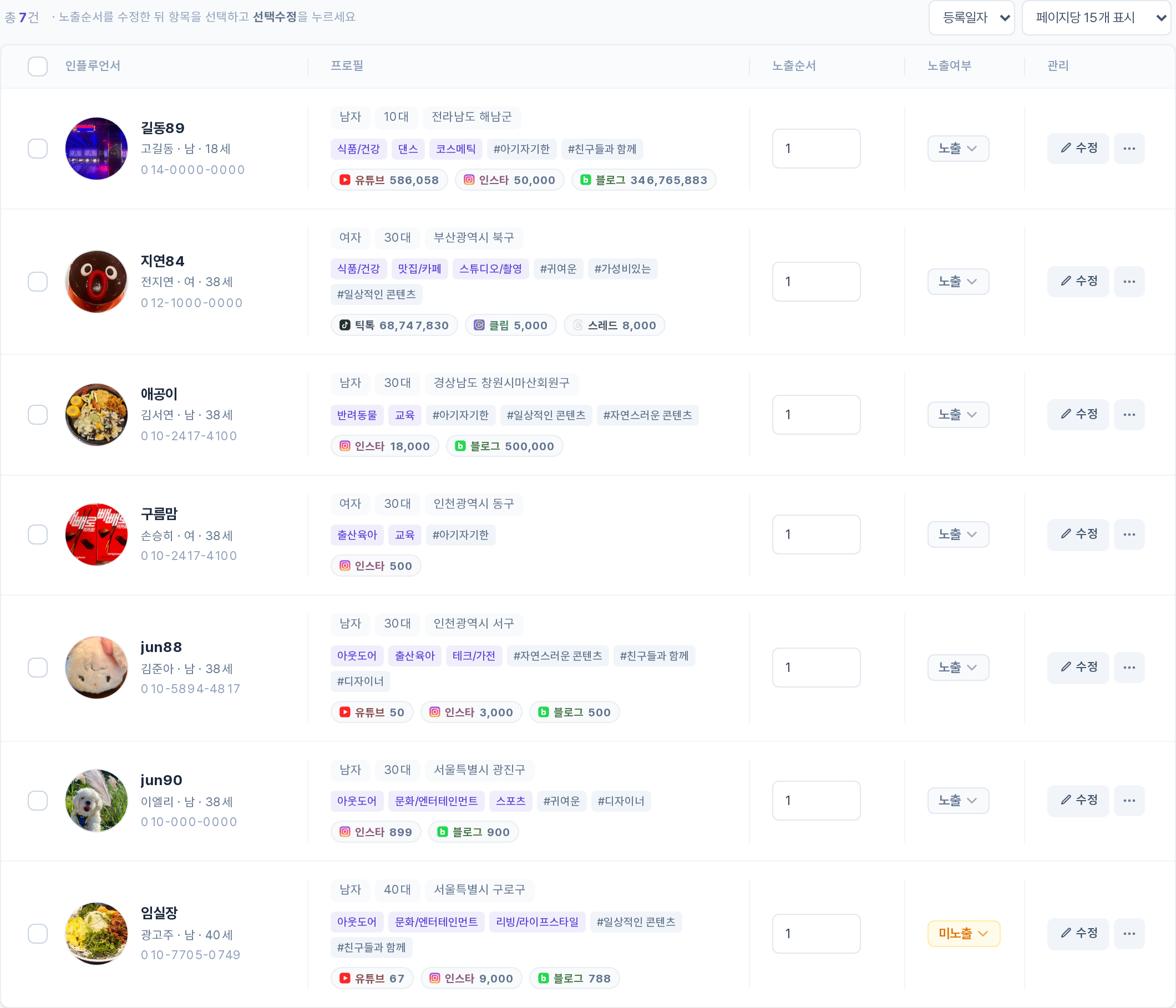 추천 인플루언서 목록 테이블 영역
