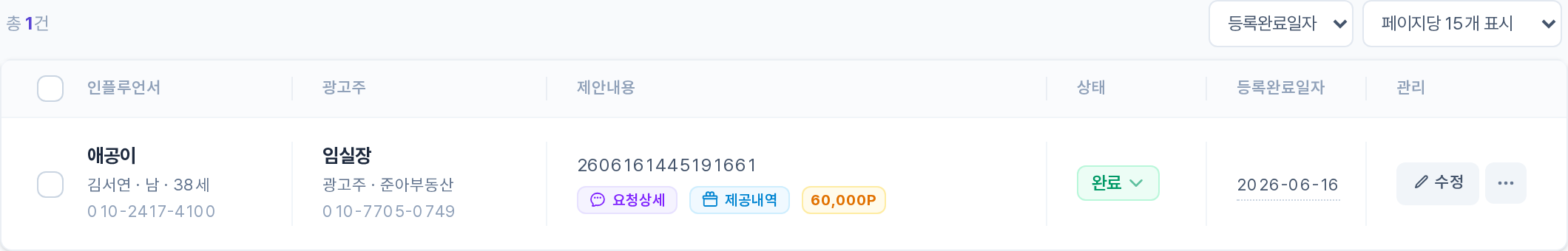 관리자 숨김 목록 테이블 영역