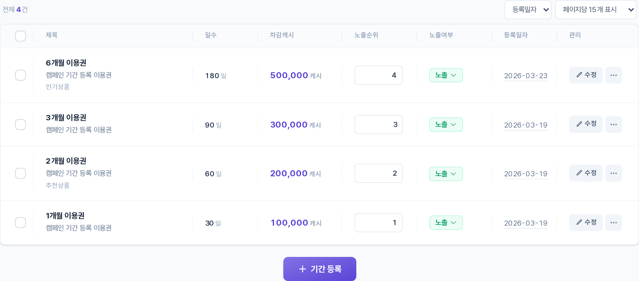 캠페인 기간등록 설정 — 목록 영역