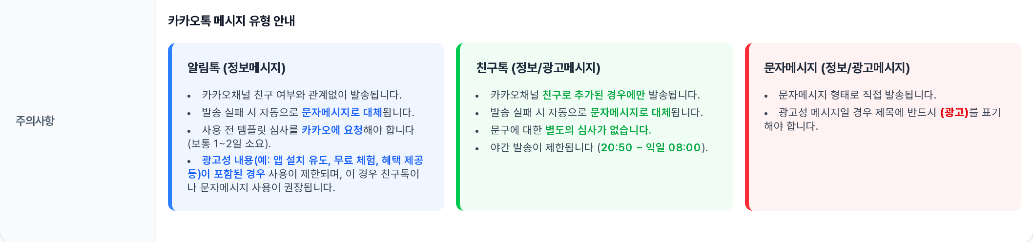 주의사항 — 카카오톡 메시지 유형 안내 3종 카드