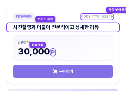 구매자(광고주)가 보는 재능 상세 — 카테고리 뱃지·서비스 제목·상품금액·자동 부여 코드가 표시되는 위치