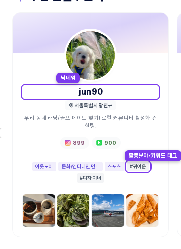 공개 인플루언서 목록 카드 — 닉네임·지역·소개·채널 구독수·활동분야/키워드 태그·공개 포트폴리오가 표시되는 위치