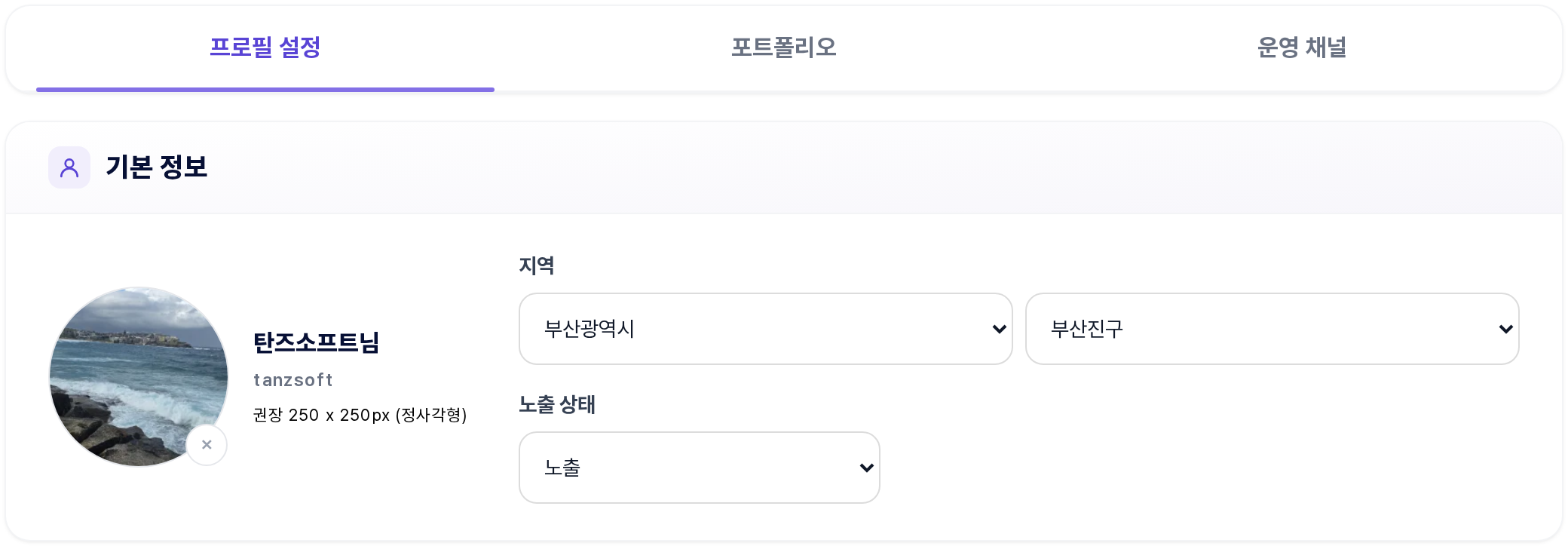프로필 설정 — 탭과 기본 정보 구역