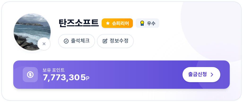 마이페이지 프로필 요약 카드 — 보유 포인트와 출금신청 버튼