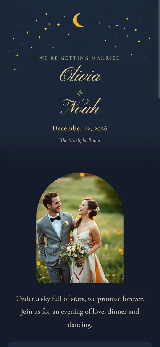 A starry night invitation web page on a phone
