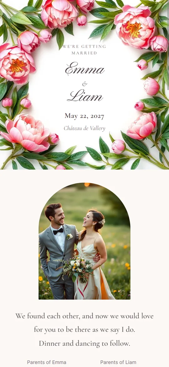 A peony invitation web page on a phone