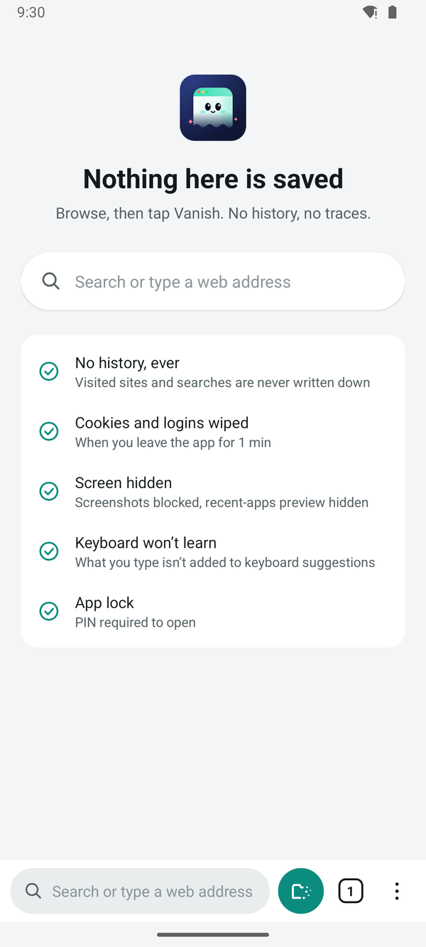 GoneTab home screen: Nothing here is saved, with a list of what this session keeps